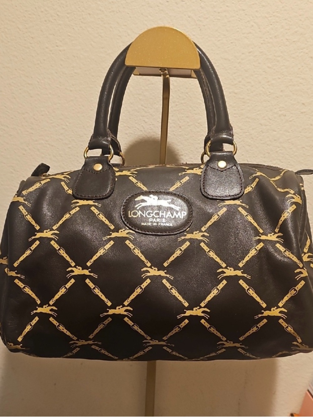 Longchamp 80’s vintage Black Satchel with Gold Chain-Print duffle bag
